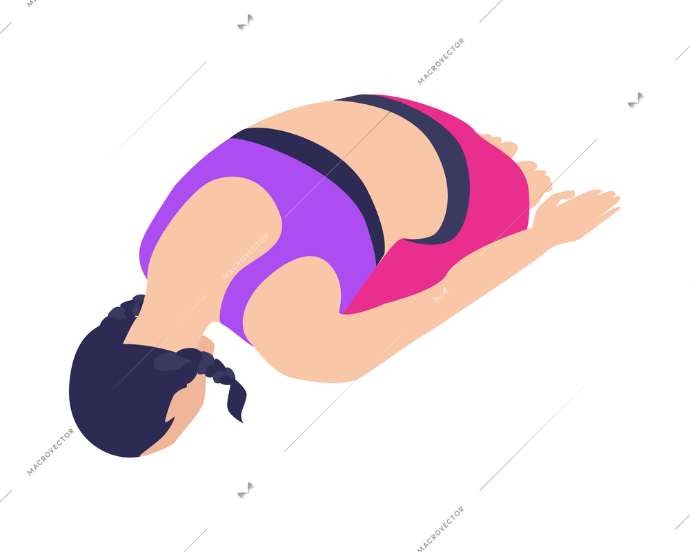 Isometric icon with woman practicing child yoga pose 3d vector illustration