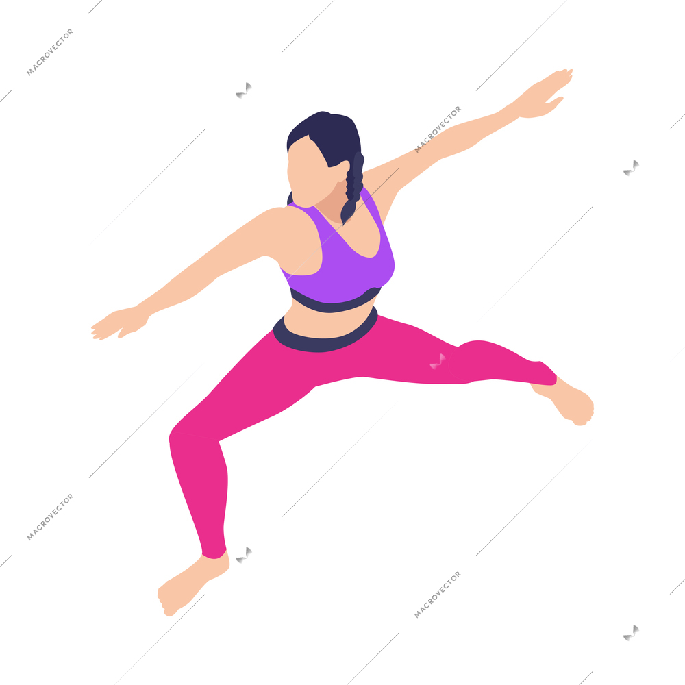 Isometric icon with woman standing in warrior two yoga position 3d vector illustration
