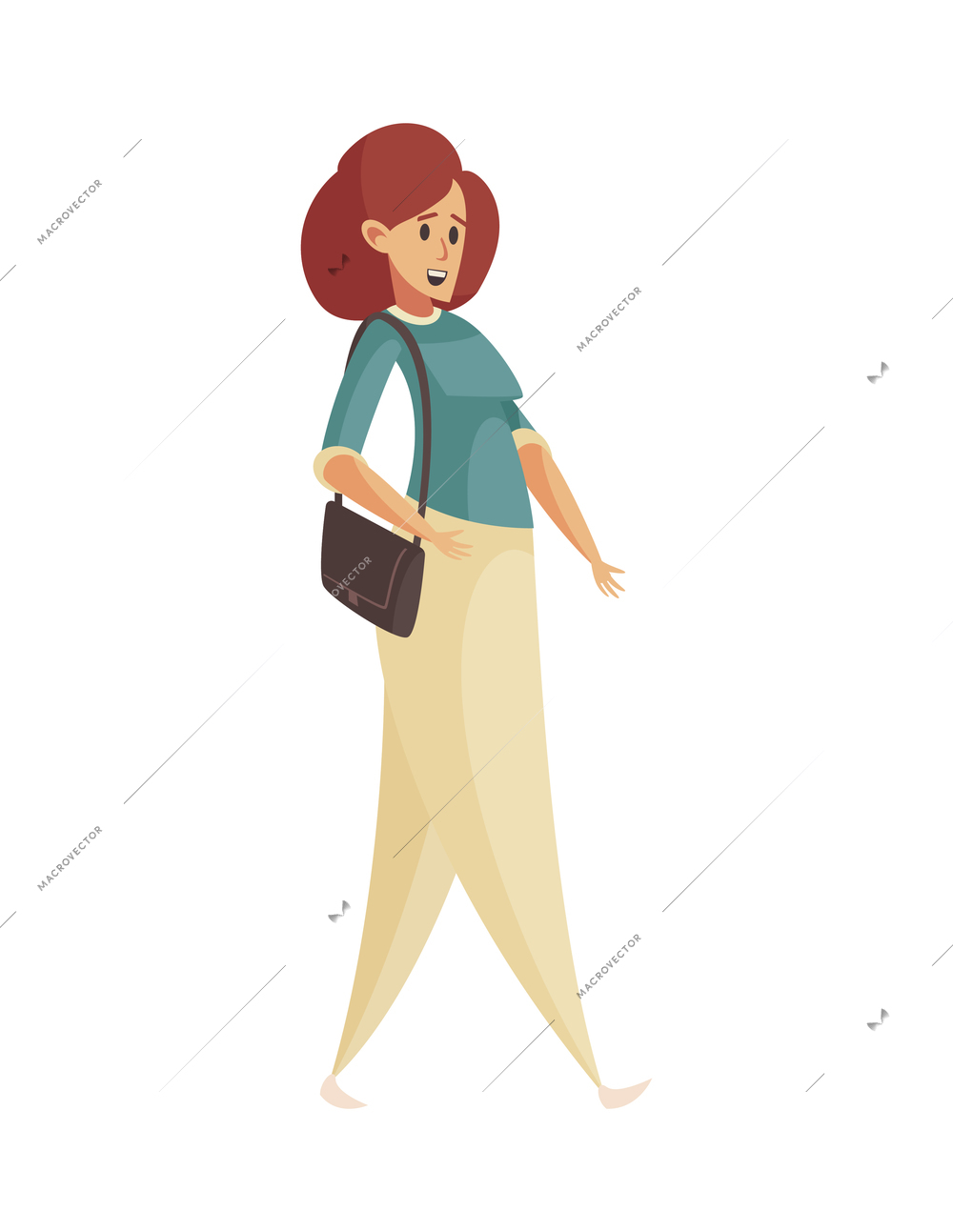Happy woman walking with handbag on white background flat vector illustration