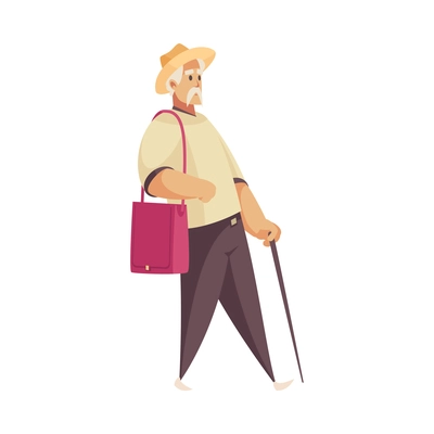 Flat elderly man walking with stick and bag on white background vector illustration