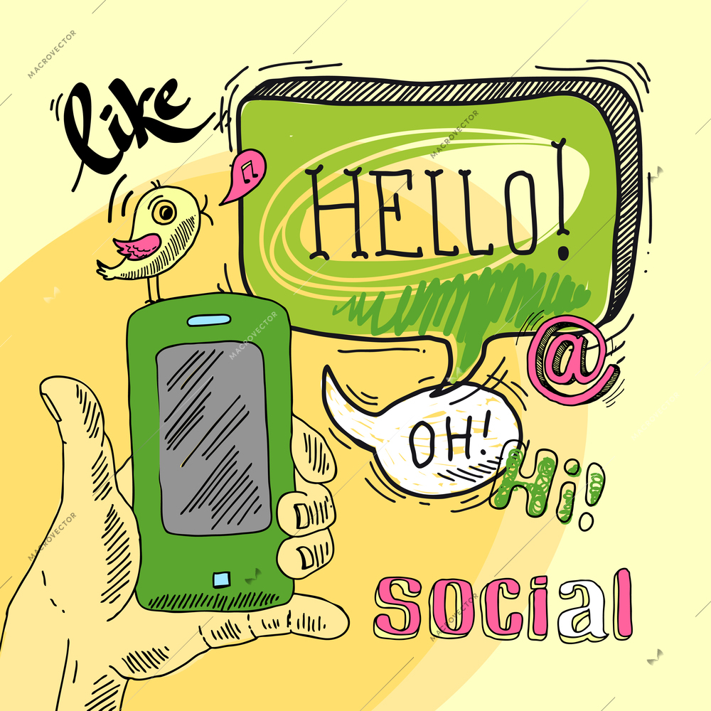 Speech bubble social media cartoon background with human hand holding smartphone vector illustration