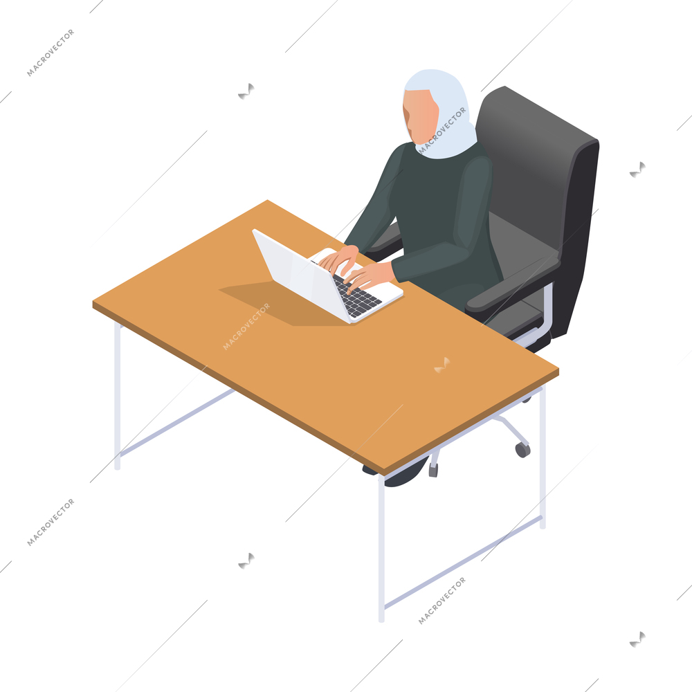 Arab woman working on laptop in office isometric icon on white background 3d vector illustration
