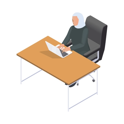 Arab woman working on laptop in office isometric icon on white background 3d vector illustration