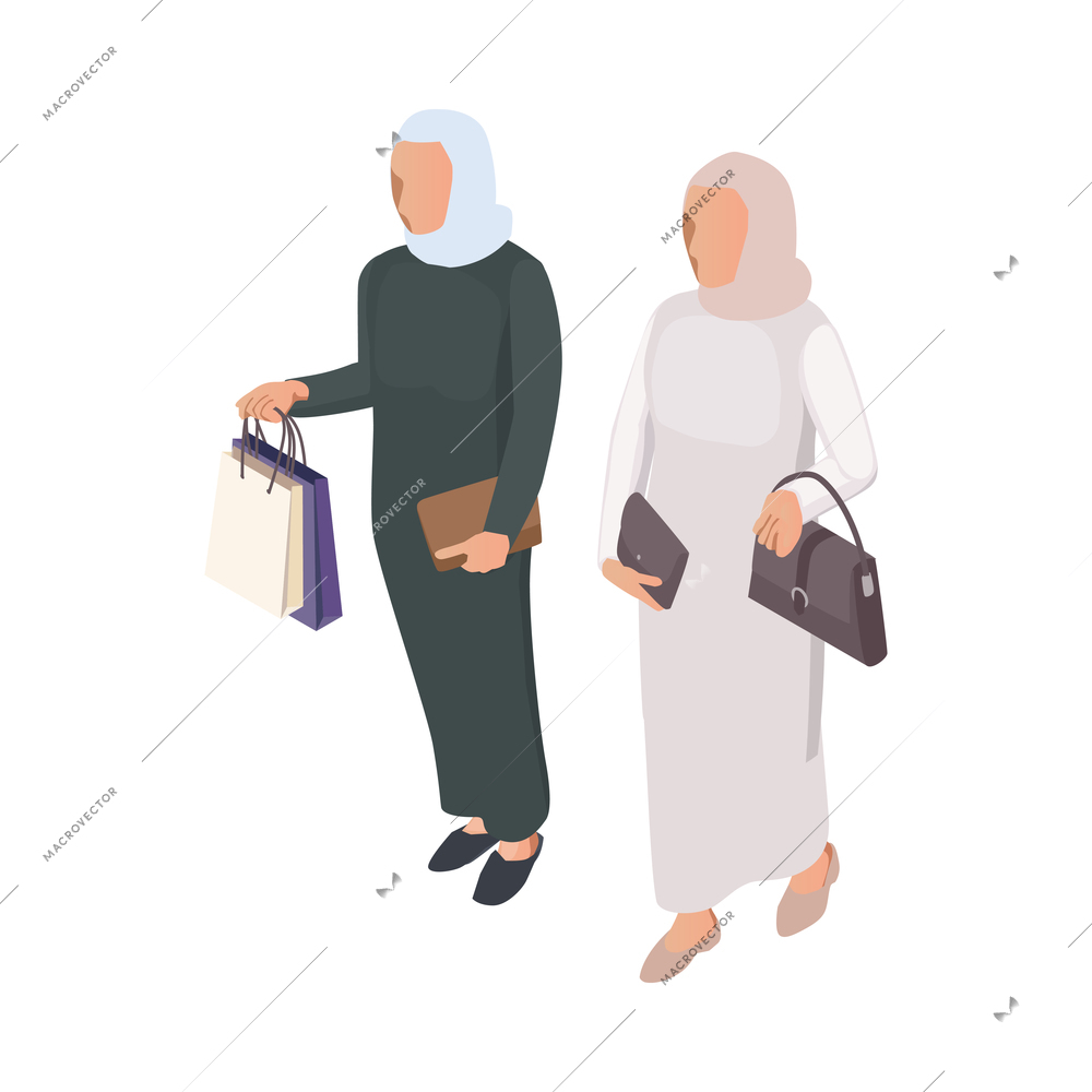 Modern arab women with purses doing shopping 3d isometric vector illustration