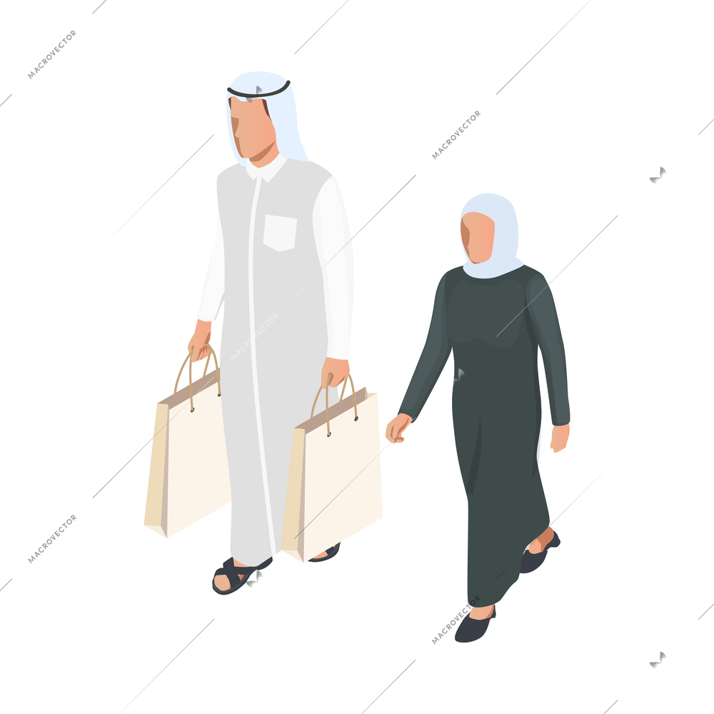 Arab people isometric icon with man and woman wearing traditional clothing carrying paper shopping bags 3d vector illustration