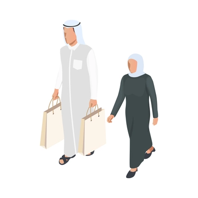 Arab people isometric icon with man and woman wearing traditional clothing carrying paper shopping bags 3d vector illustration