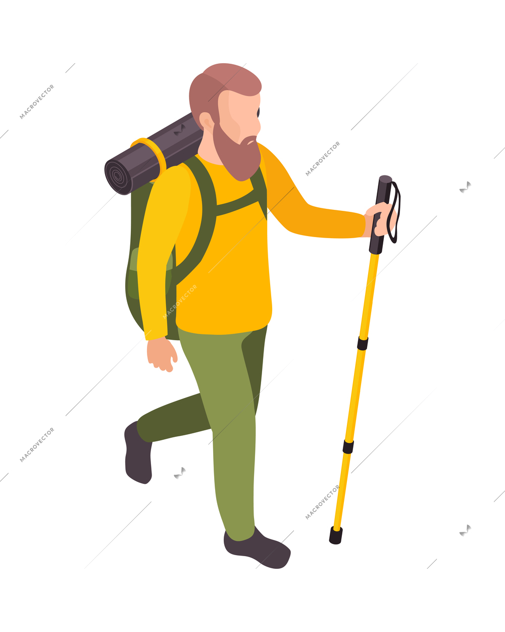 Man hiking with backpack and walking pole isometric icon 3d vector illustration