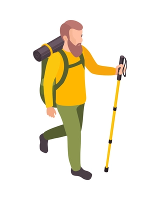 Man hiking with backpack and walking pole isometric icon 3d vector illustration