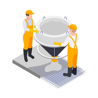 Concrete cement production isometric icon with factory equipment and two workers in uniform 3d vector illustration