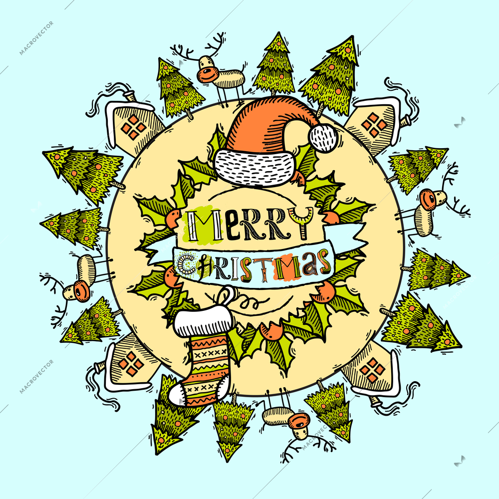 Merry christmas new year holiday decoration colored sketch card vector illustration