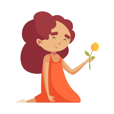 Happy girl with yellow flower sitting on her knees in park or garden flat vector illustration