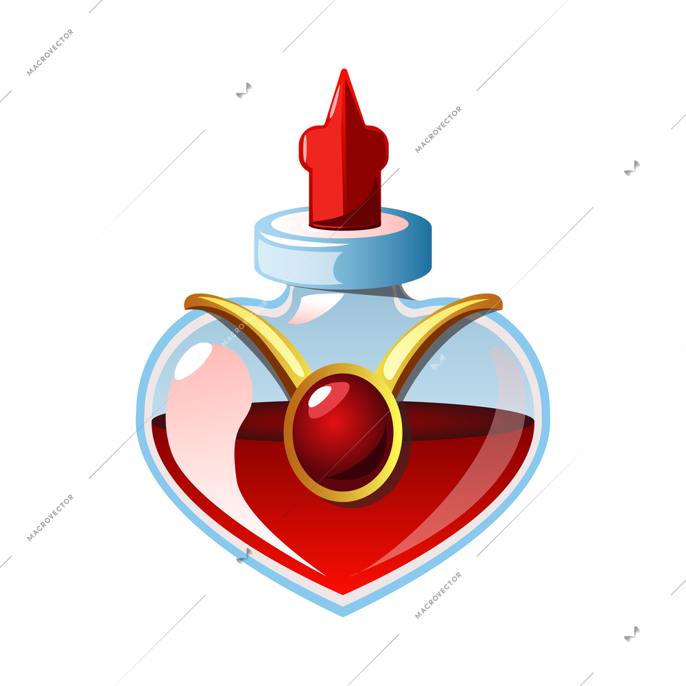 Red love potion in glass vial in shape of heart realistic icon vector illustration