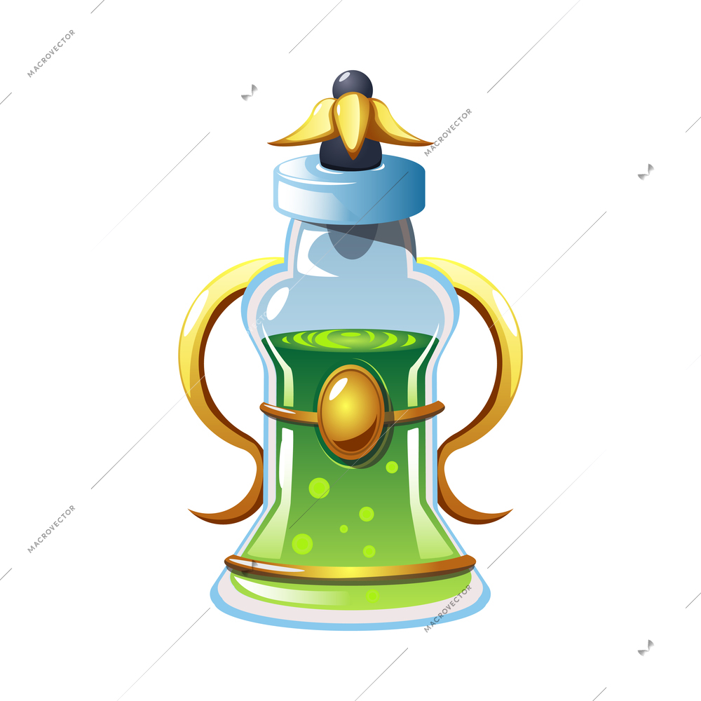 Green magic potion in glass vial realistic game icon vector illustration