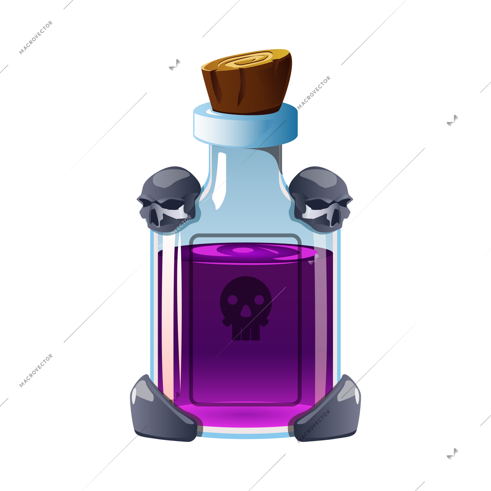 Poisonous magic potion in glass bottle with skulls realistic vector illustration