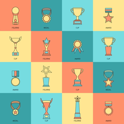 Trophy icons flat line set of figurine medal cup award isolated vector illustration