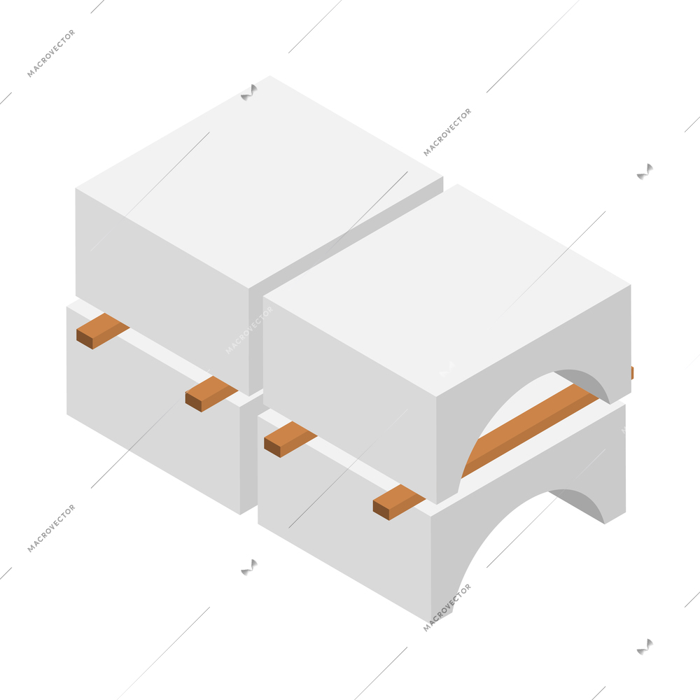 Concrete cement production isometric icon with reinforced products on wooden pallet vector illustration