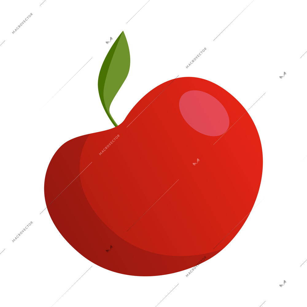 Flat ripe red apple with green leaf on white background vector illustration