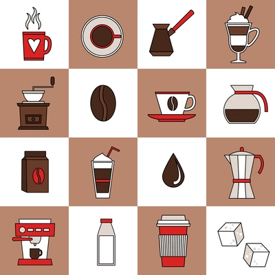 Coffee cafe shop flat line icons set with turk grinder machine isolated vector illustration