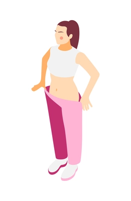 Slim woman trying on large size trousers after losing weight or plastic surgery 3d isometric icon vector illustration