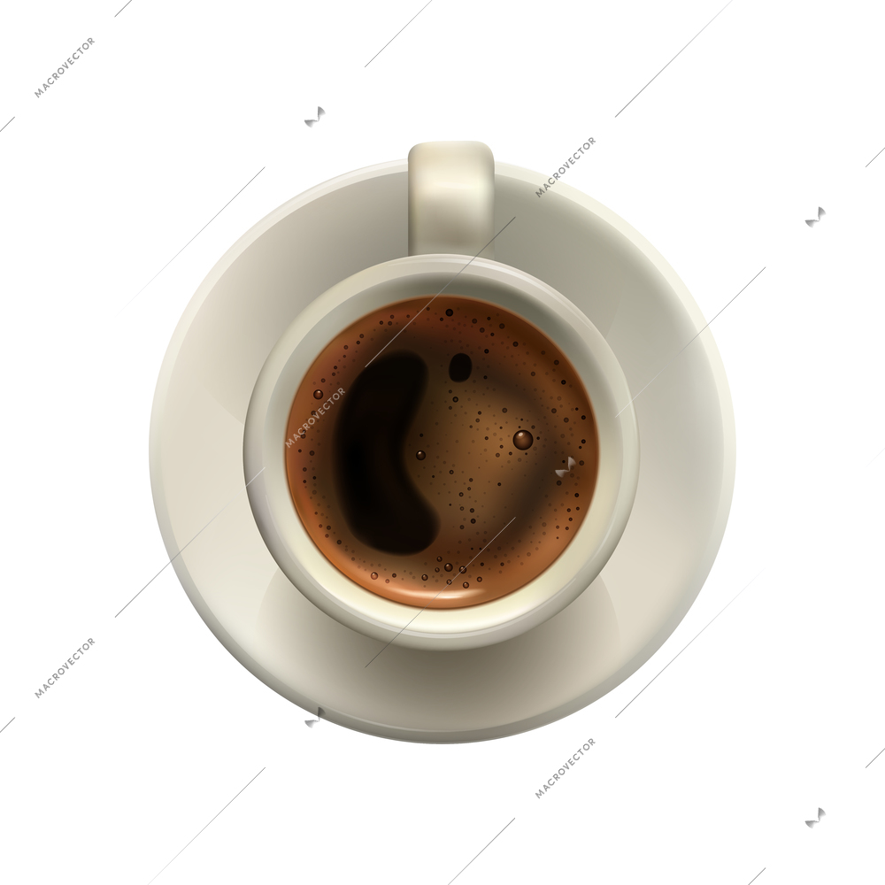 Realistic white cup of espresso coffee on saucer top view vector illustration