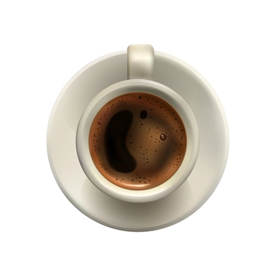 Realistic white cup of espresso coffee on saucer top view vector illustration