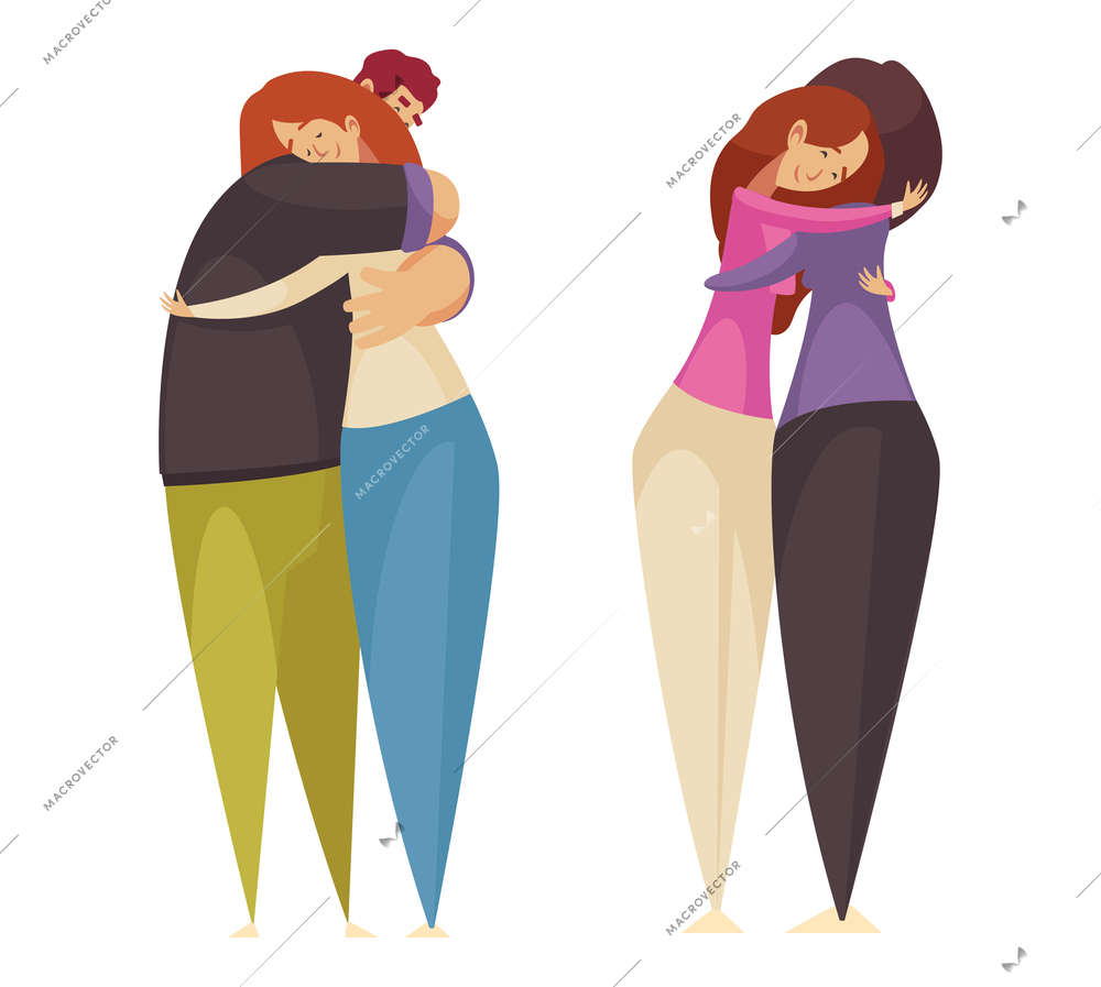 Happy hugging families after psychological therapy session cartoon isolated vector illustration