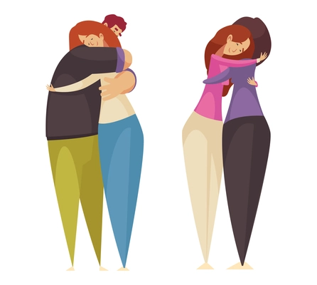 Happy hugging families after psychological therapy session cartoon isolated vector illustration