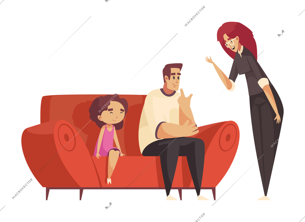 Happy girl and her father during psychological therapy session with smiling female psychologist cartoon isolated vector illustration