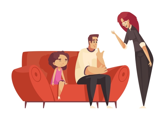 Happy girl and her father during psychological therapy session with smiling female psychologist cartoon isolated vector illustration