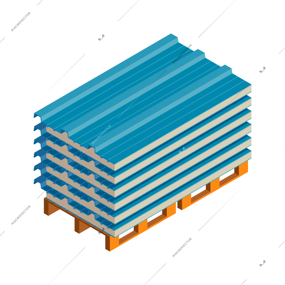 Stack of blue wall sandwich panels on wooden pallet isometric icon vector illustration