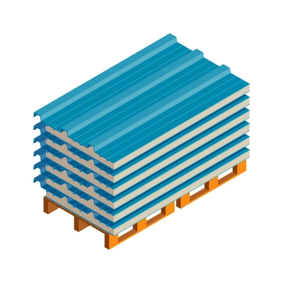 Stack of blue wall sandwich panels on wooden pallet isometric icon vector illustration