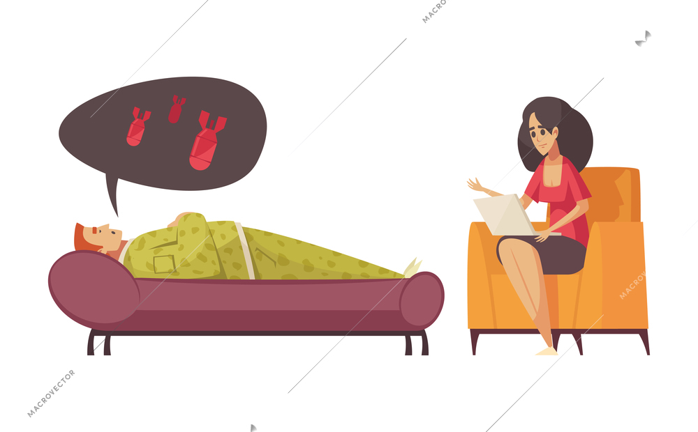 Cartoon style composition with female psychologist talking to male patient isolated vector illustration