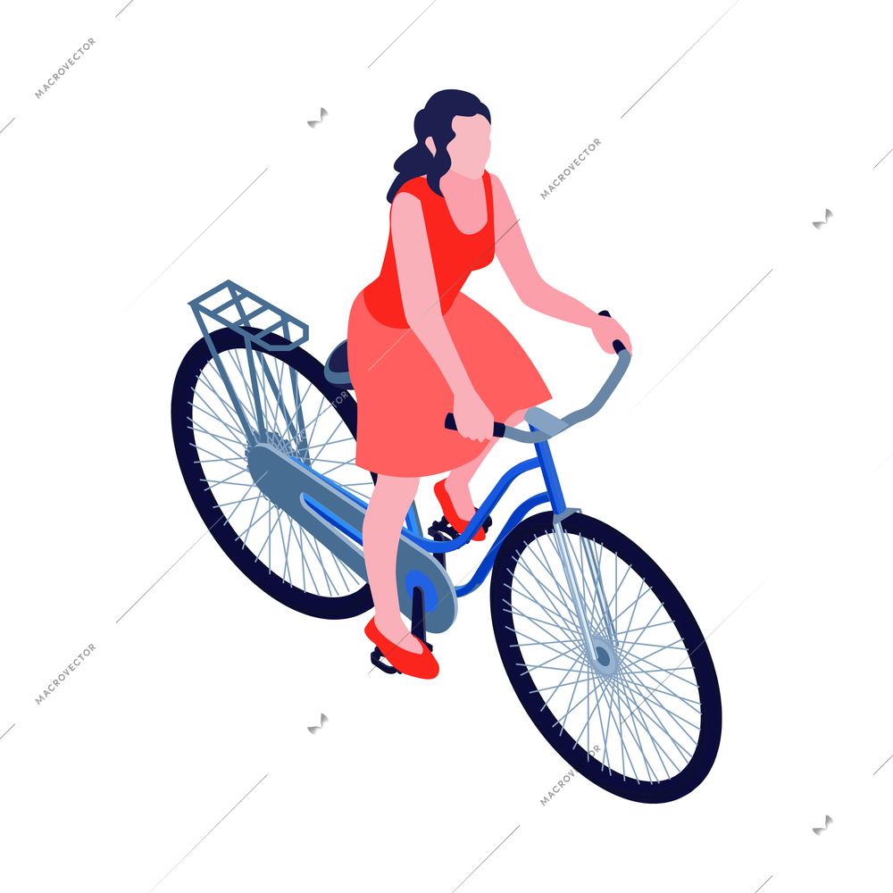 Woman in red skirt and top riding city bike isometric vector illustration