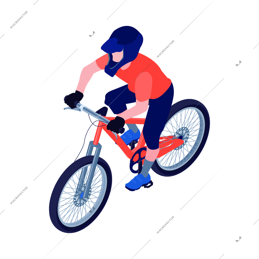 Man in helmet riding mountain bicycle 3d isometric icon vector illustration