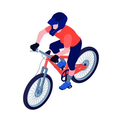 Man in helmet riding mountain bicycle 3d isometric icon vector illustration