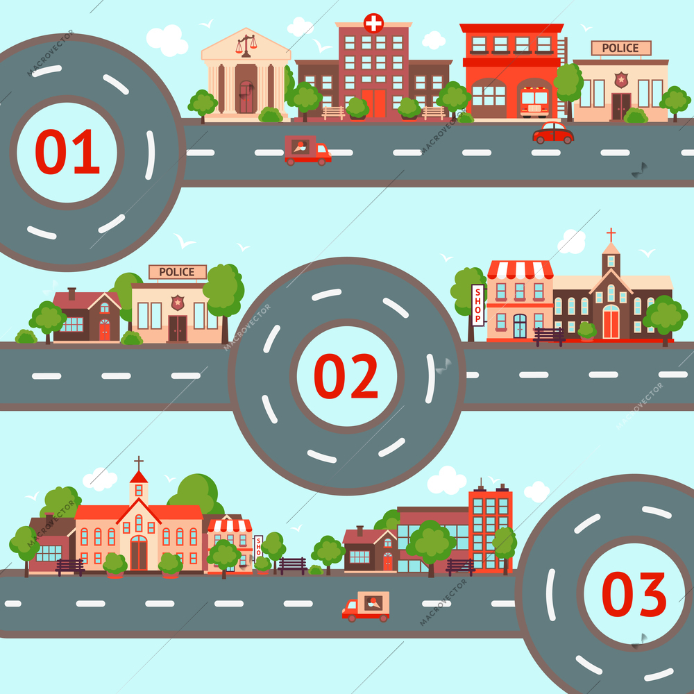 City streets roads infographic set with retro urban buildings vector illustration