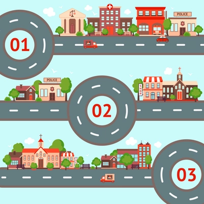 City streets roads infographic set with retro urban buildings vector illustration