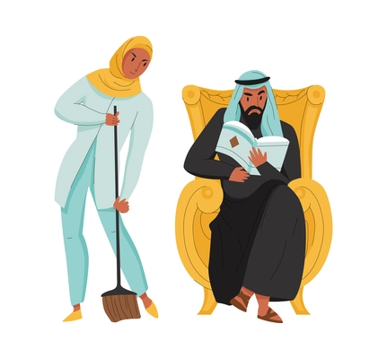 Arab family composition with husband reading while wife sweeping floor flat isolated vector illustration