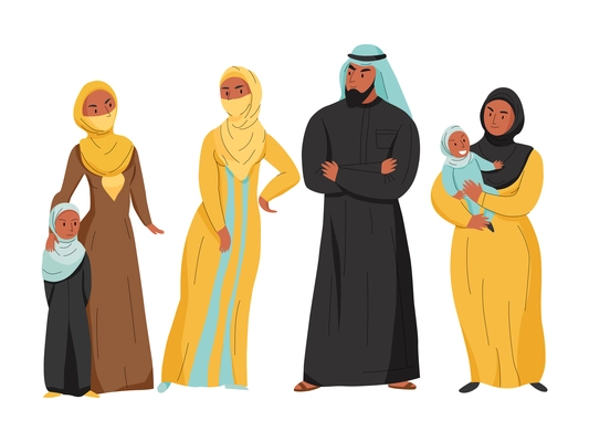 Flat arab family with man wives and daughters wearing hijab isolated vector illustration