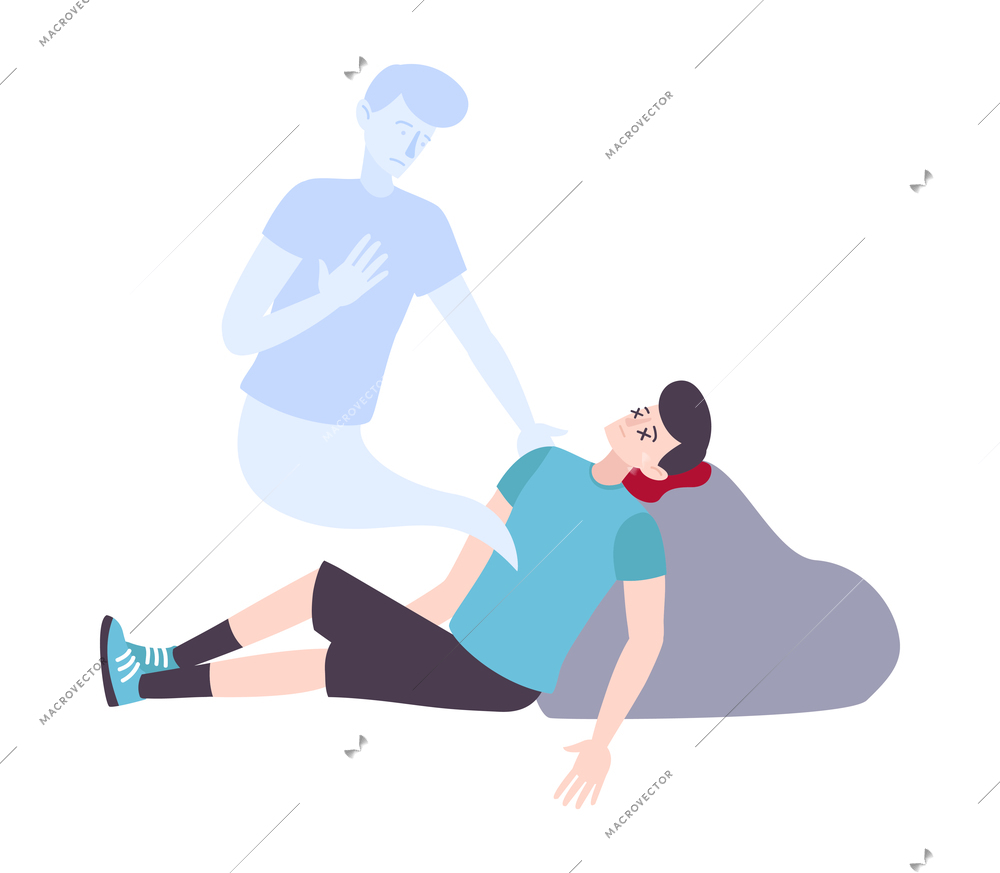 Human death flat icon with sad soul of man looking at his dead body vector illustration