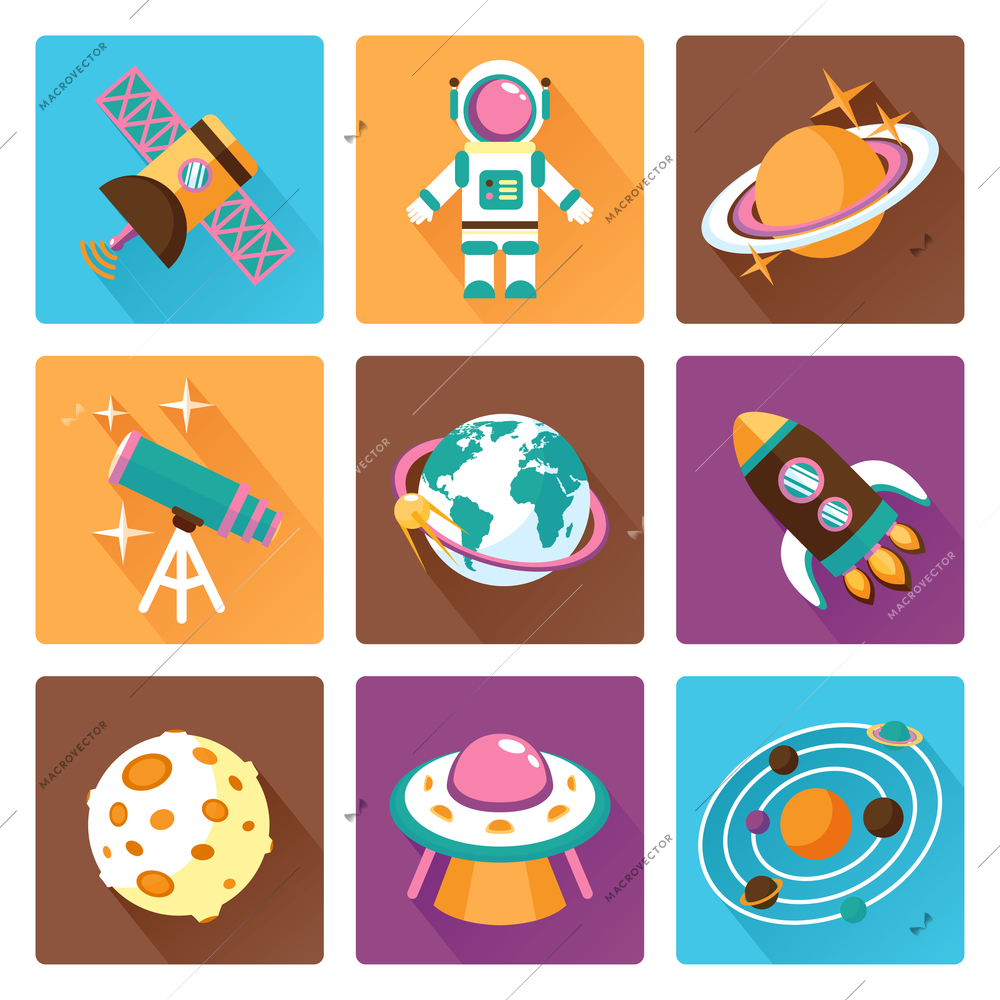 Space and astronomy flat icons set with telescope globe rocket isolated vector illustration