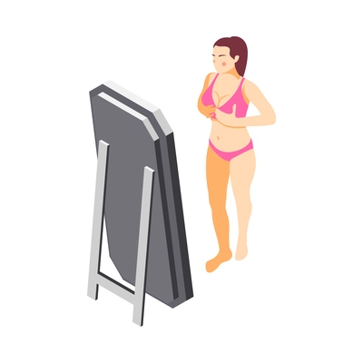 Plastic surgery icon with woman looking at herself in mirror after breasts augmentation or correction 3d vector illustration