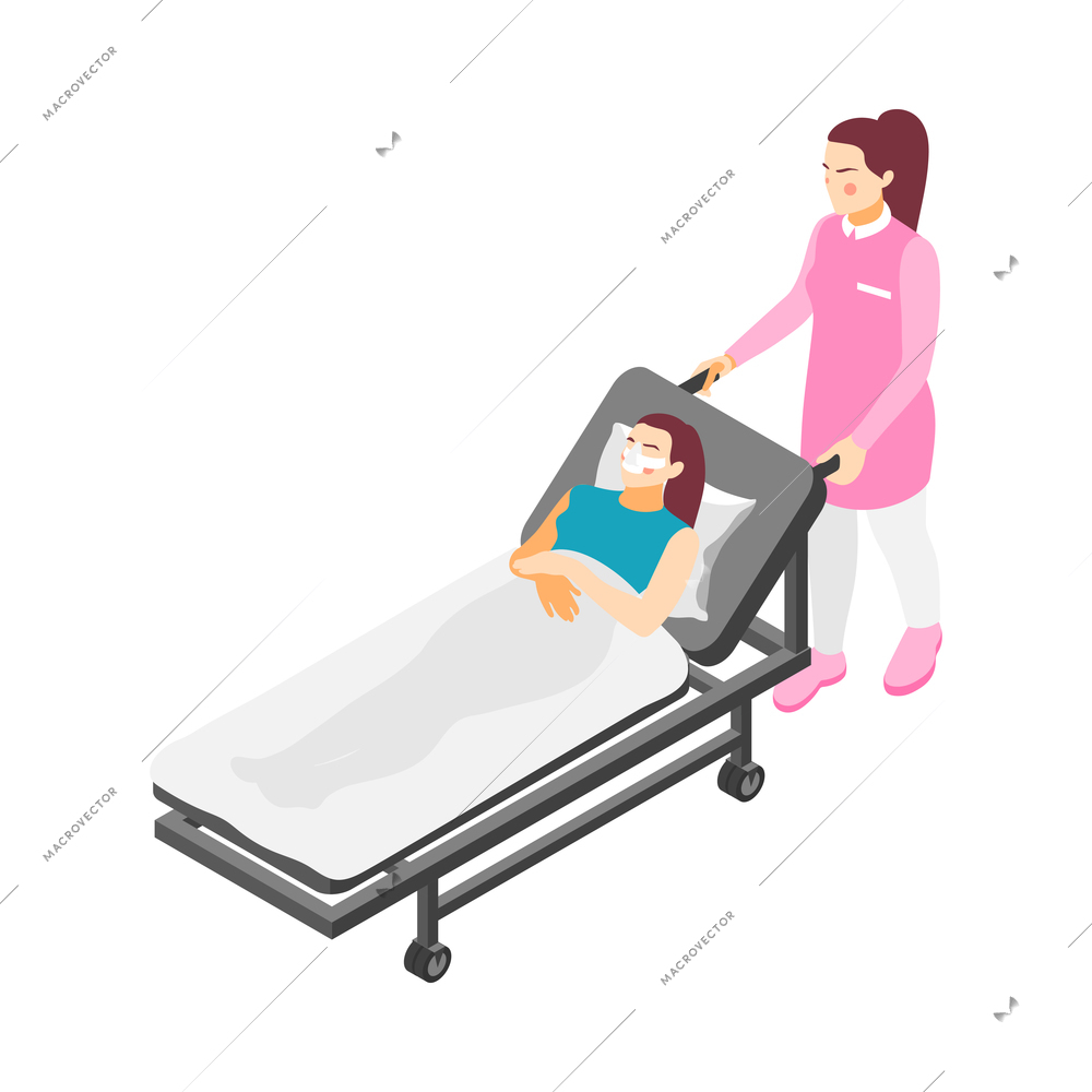 Plastic surgery isometric icon with nurse carrying woman after rhinoplasty operation 3d vector illustration