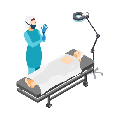 Plastic surgery icon with female patient and doctor in operating room before operation isometric vector illustration