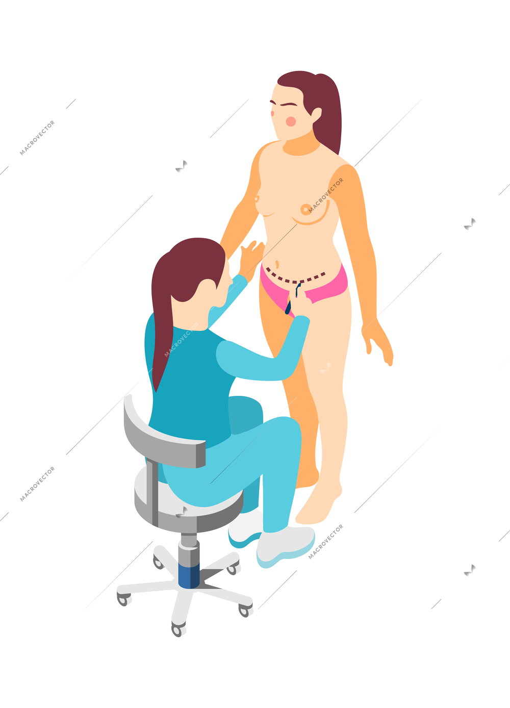 Doctor drawing marks on woman body before plastic surgery 3d isometric icon vector illustration