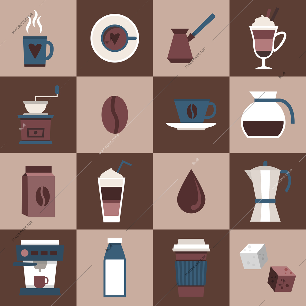 Coffee flat icons set with cup mug hot dring pot turk pouch jar isolated vector illustration