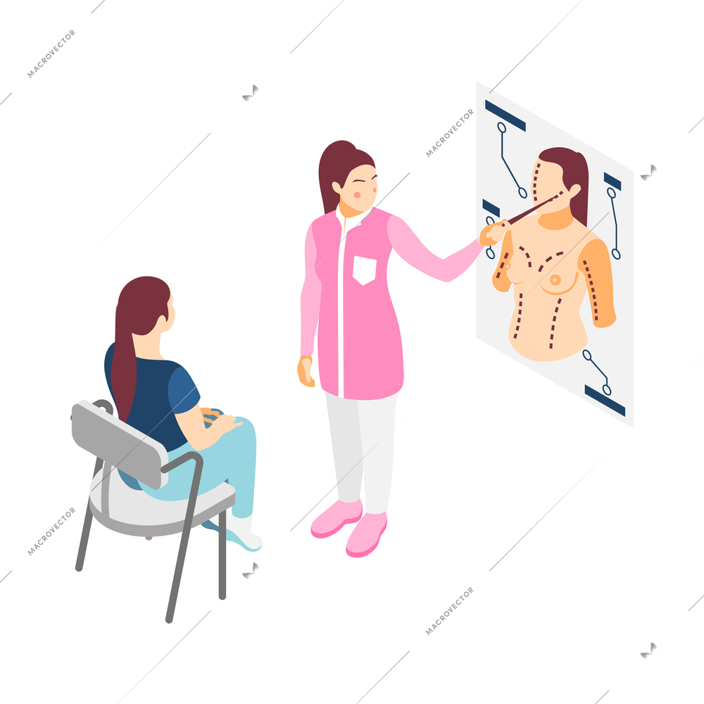 Plastic surgery icon with surgeon showing poster to female client before operation 3d vector illustration