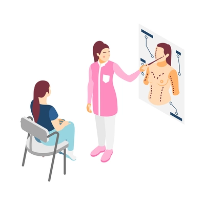 Plastic surgery icon with surgeon showing poster to female client before operation 3d vector illustration