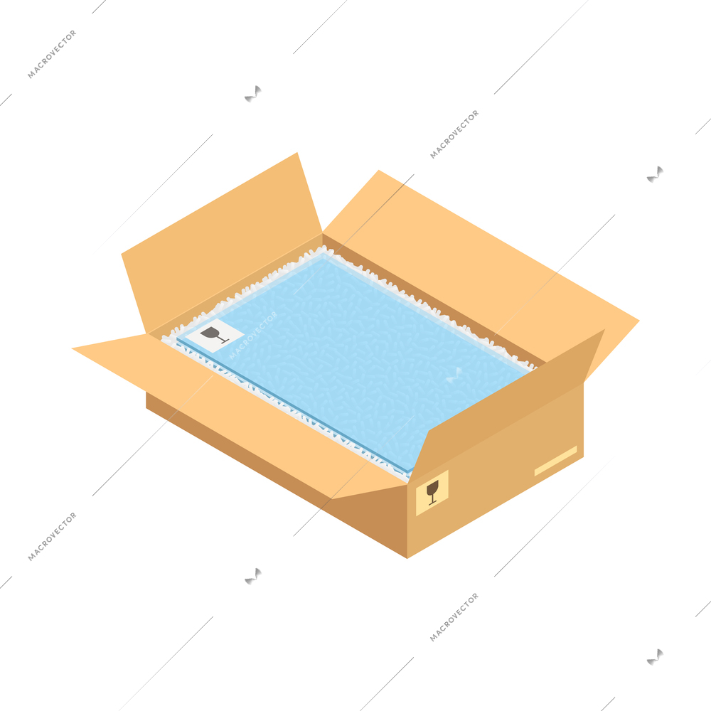 Isometric icon with glass sheets in cardboard box 3d vector illustration