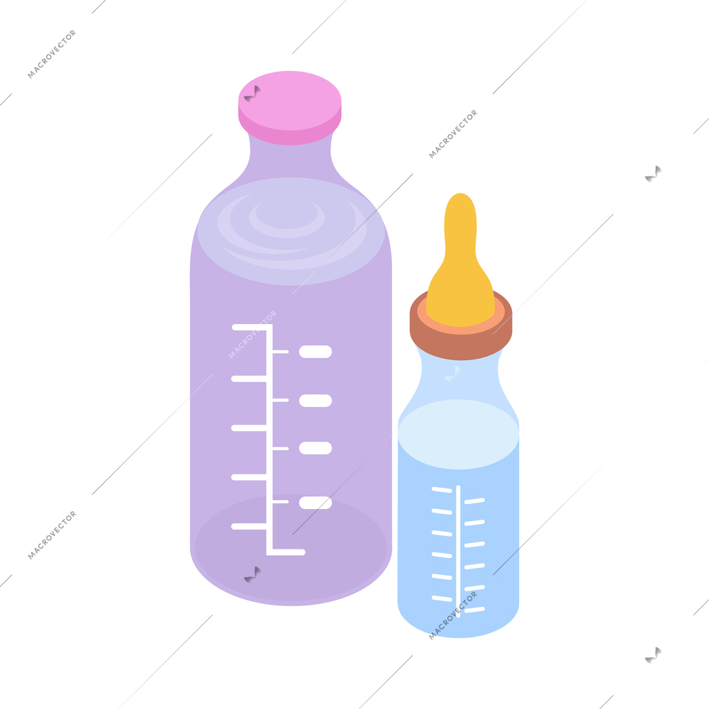 Isometric colorful bottles with dummy for baby feeding vector illustration